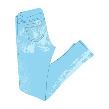 Mavi kot elbiseler. Modern kot pantolon ve şort. Moda kıyafetleri izole edilmiş çizimler. Yumuşak arkaplan yukarıdan aşağıya görünümlü Unisex giyim.