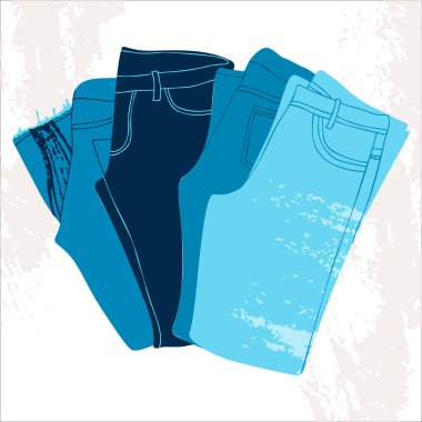 Mavi kot şort, pantolon ve ceket. Kot pantolon takımı. Modern kot pantolon ve şort. Moda kıyafetleri izole edilmiş çizimler. Yumuşak arkaplan yukarıdan aşağıya görünümlü Unisex giyim.
