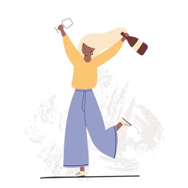 Happy Celebrating Woman Holding Bottle Wine Trendy Flat Illustration — kuvapankkivalokuva