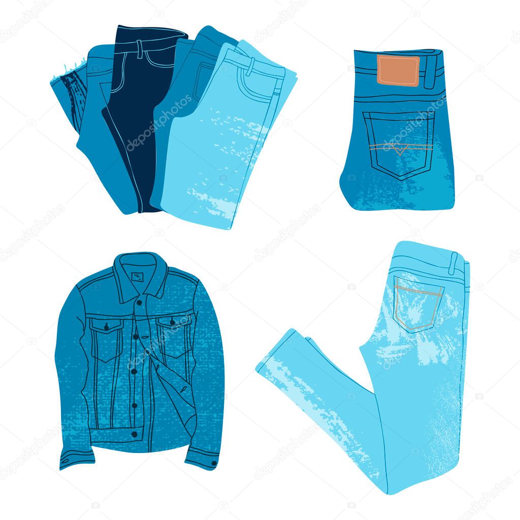 Blue denim shorts, trousers and jacket. Set of denim clothes. Modern blue jeans and shorts. Trendy outfit isolated illustrations. Unisex apparel on a soft background top-down view.