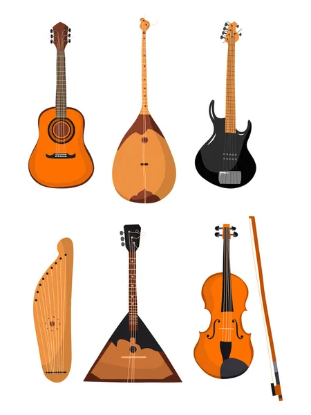 Set Von Saiteninstrumenten Sammlung Von Balalaika Gusli Geige Gitarre Dombra — Stockfoto