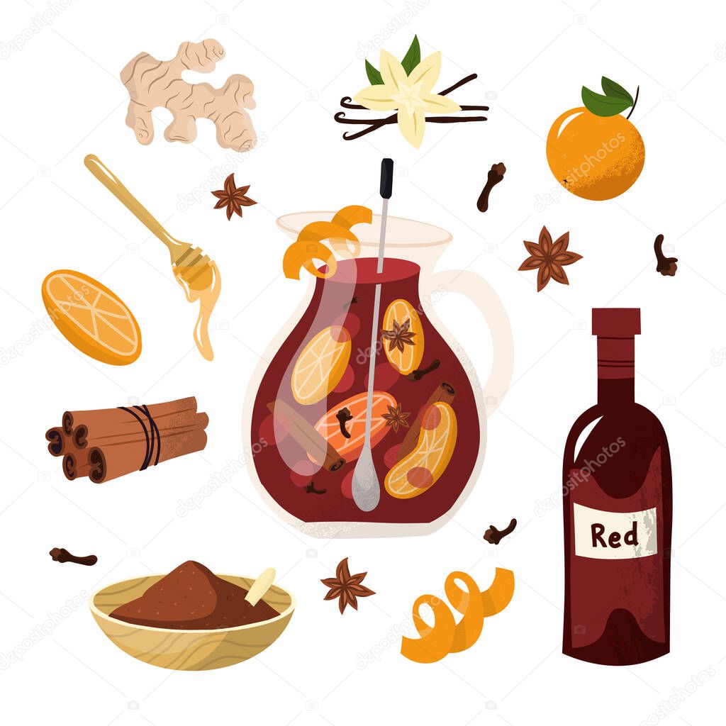 Mulled wine set. cocktail with spices anise, citrus fruit in winter anise beverage holiday alcohol winebowl glass illustration