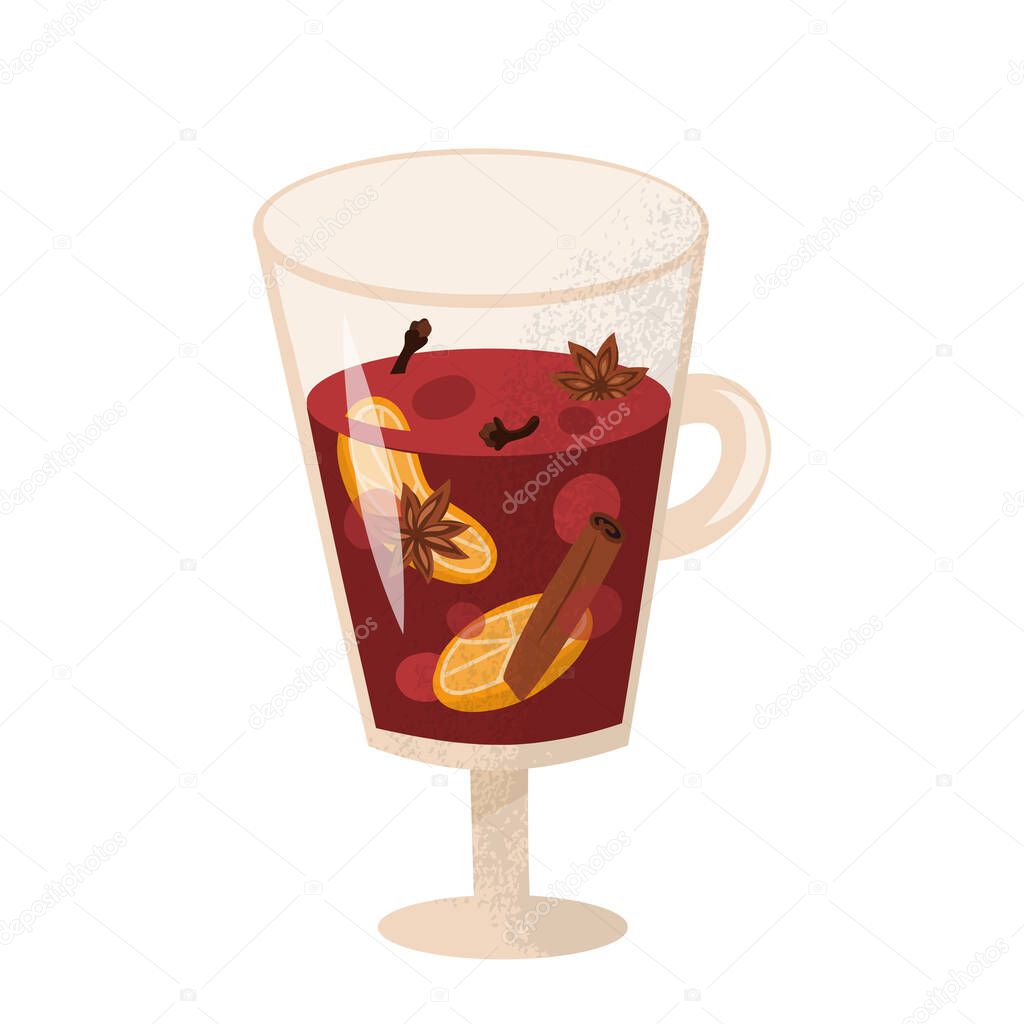 Mulled wine. cocktail with spices anise, citrus fruit in winter anise beverage holiday alcohol winebowl glass illustration