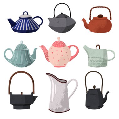 Çay için çaydanlık seti. Seramik ve dökme demir çaydanlık. Düz Çizim