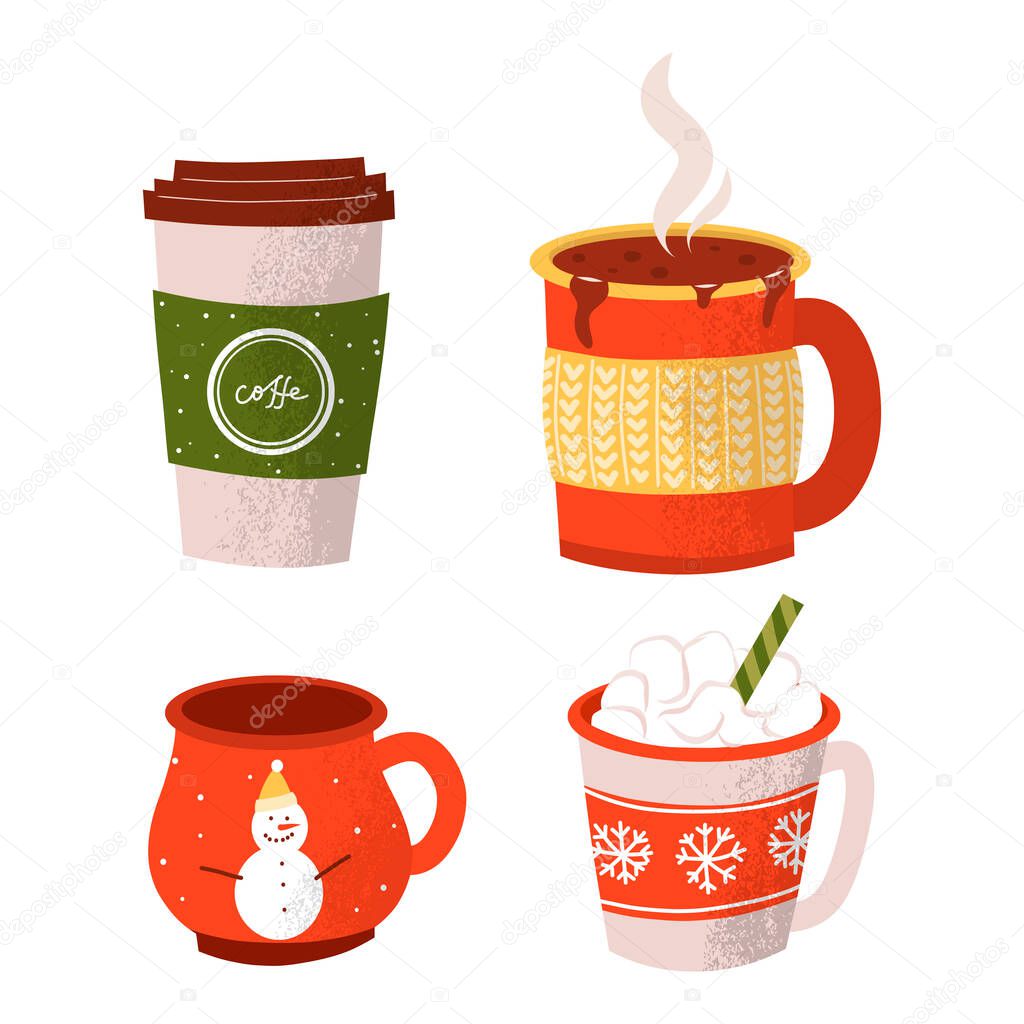 Set with holiday hot drink and dessert. Collection with funny cups.