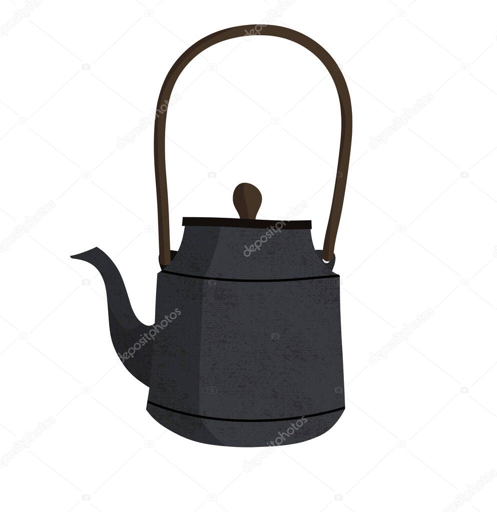 Cast iron teapot for tea. Retro style teapot. Colored cute pottery isolated on white background. Kitchen crockery item. Hand drawn flat illustration