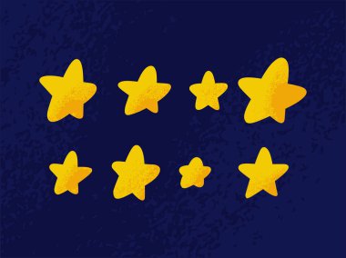 Yıldızlar. Düz vektör stok çizimi. Bebek için mavi arka planda sevimli sarı yıldızlar. Kumaş üzerine baskı için bir kalıp, duvar kağıdı olarak tekstil