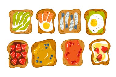 Kahvaltıda nefis tost. Kahvaltı seçenekleri. Kahvaltı için sağlıklı yemek. Avokado, somon, yumurta, muz ve bal ile tost, reçel. Düz Çizim