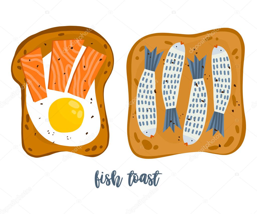 Delicious toast for breakfast. Breakfast options. Healthy food for breakfast. Toast with  salmon. Flat illustration