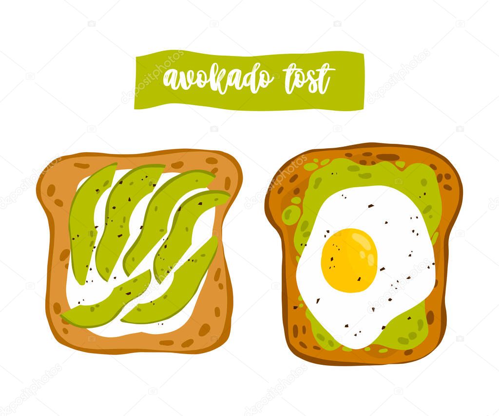 Delicious toast for breakfast. Breakfast options. Healthy food for breakfast. Toast with avocado. Flat illustration