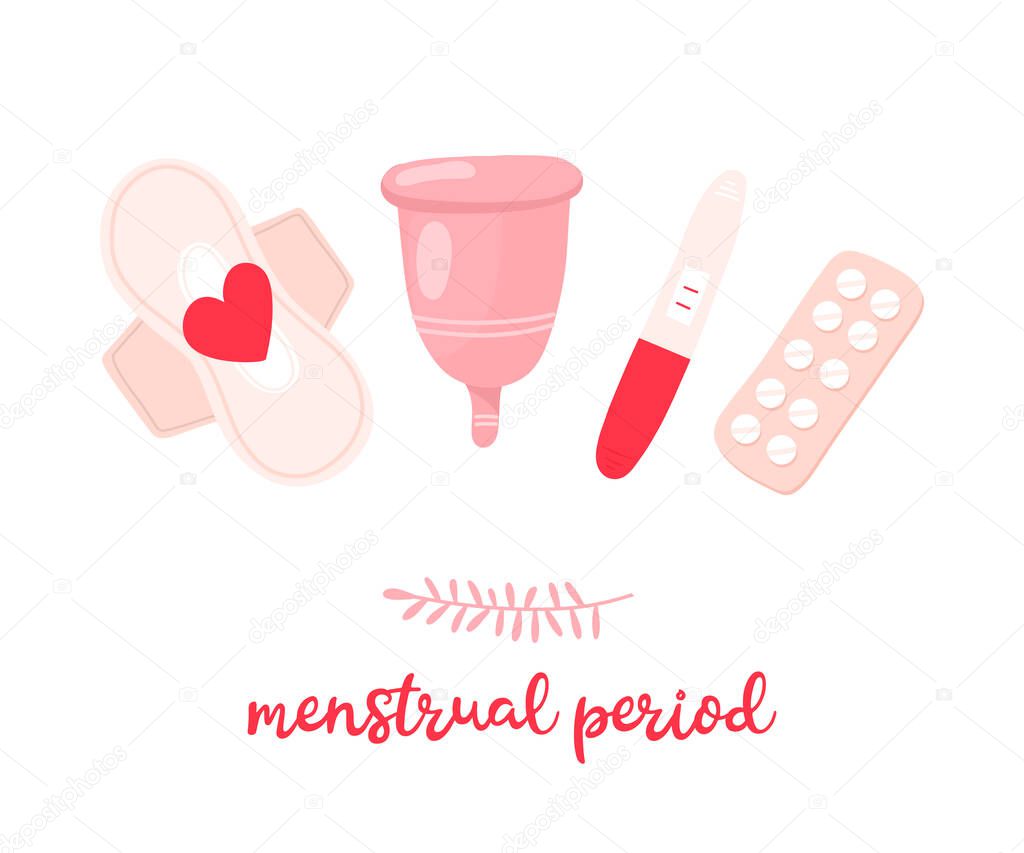 menstrual period. flat cartoon set with tampons, pads, uterus and flowers. Feminine hygiene