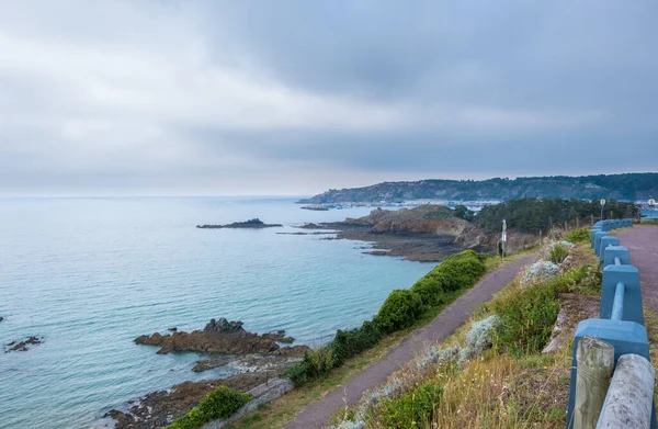 Erquy, Cotes-d-Armor, France - 25 August, 2019: Atlantic coast with Beach and cape of Erquy, English channel, Bretagne in northwestern France