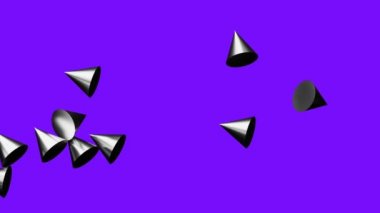 İlkel geometrik şekillerin yavaş hareketi. Mor arkaplanda canlandırılmış 3D koni nesneleri.