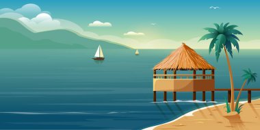  Palmiyeli ve bungalovlu deniz altyapısı. Vektör İllüstrasyonu