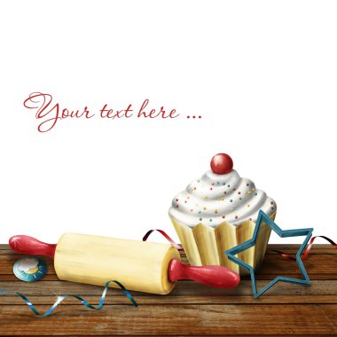 cake, rolling pin,  molds for baking , candy and serpentine on t clipart