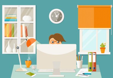 Vektör düz çizim. İş yeri kavramı. Modern ev ofis iç