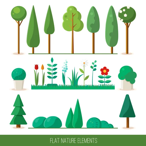 Naturelemente: Bäume, Fichten, Sträucher, Blumen, Gras. Vektorflache Abbildung. — Stockvektor