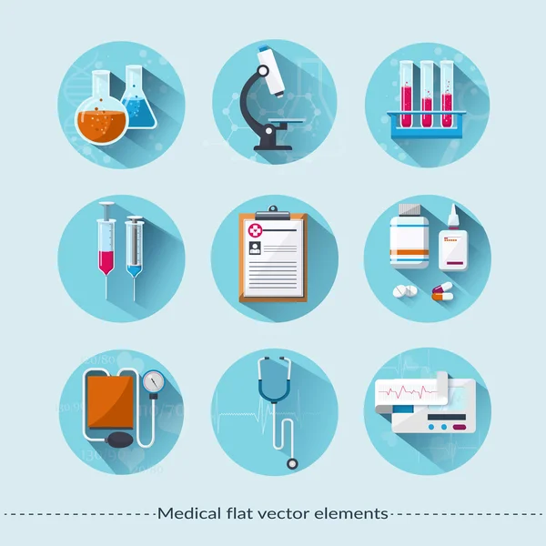 Iconos médicos planos con sombra larga. Salud y concepto médico. Ilustración vectorial — Archivo Imágenes Vectoriales