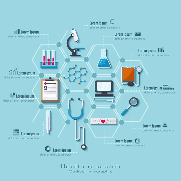 Infosatz für Gesundheitswesen und medizinische Forschung. flacher Stil. — Stockvektor