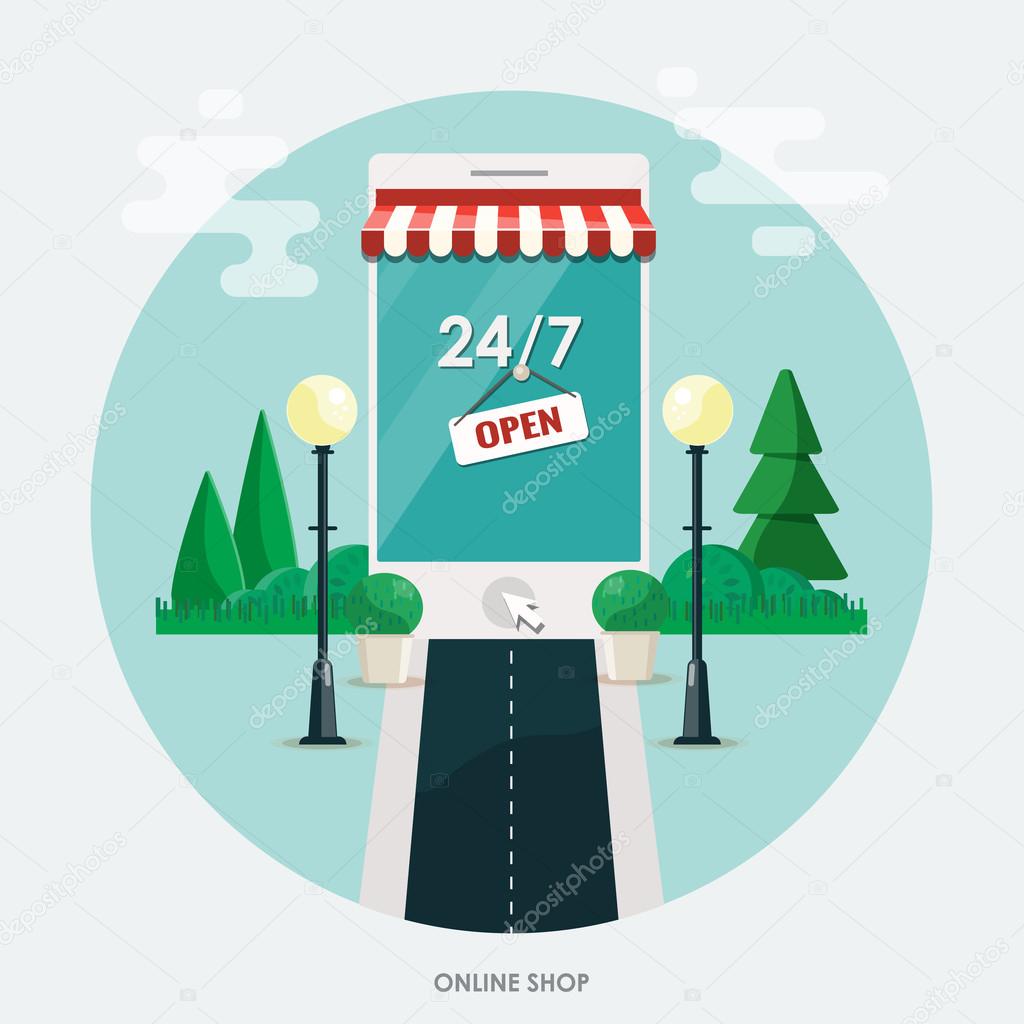Online shopping , e-commerce concept. Supermarket smartphone. Vector flat illustration.
