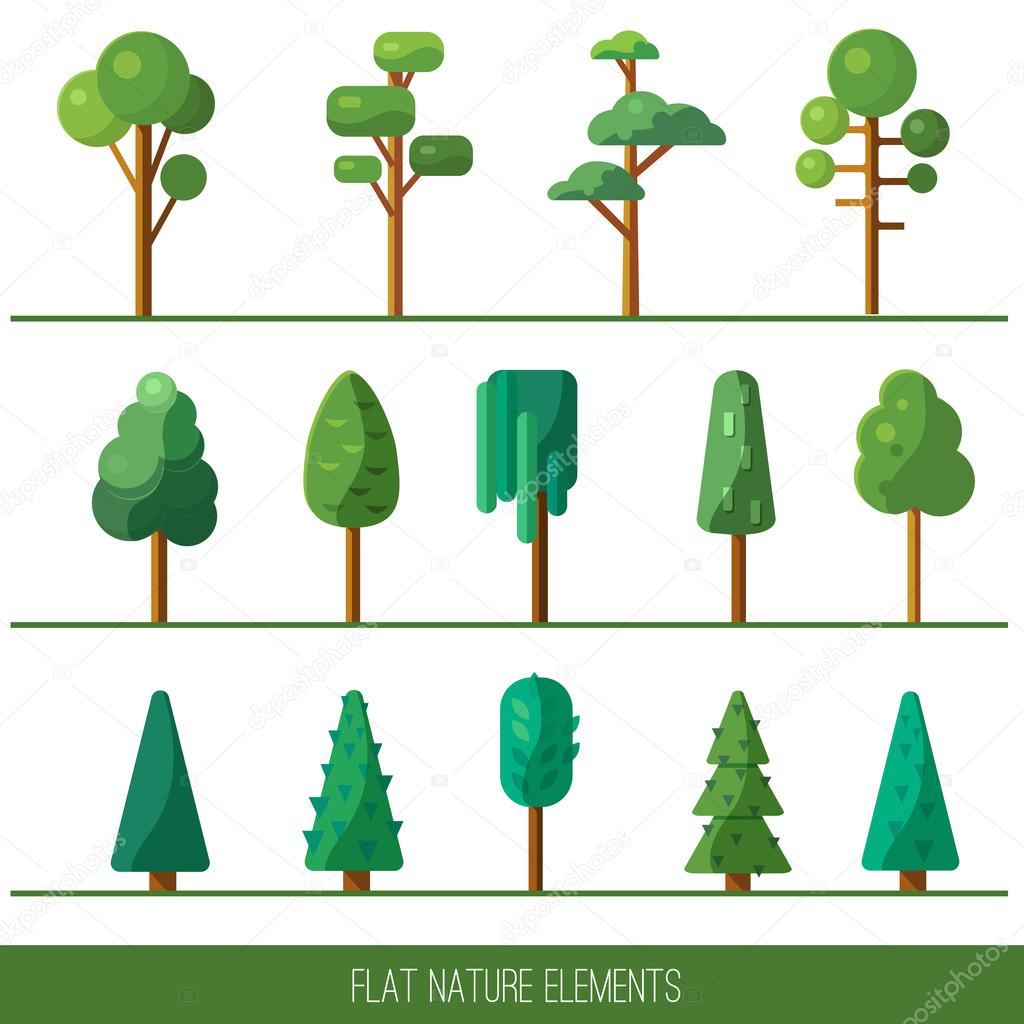 Set of nature elements: tree, spruce. Vector flat illustration.