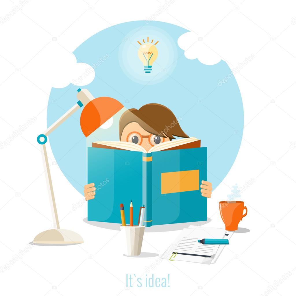 Man reading a book for creating a good idea. Business idea concept. Vector flat illustration.