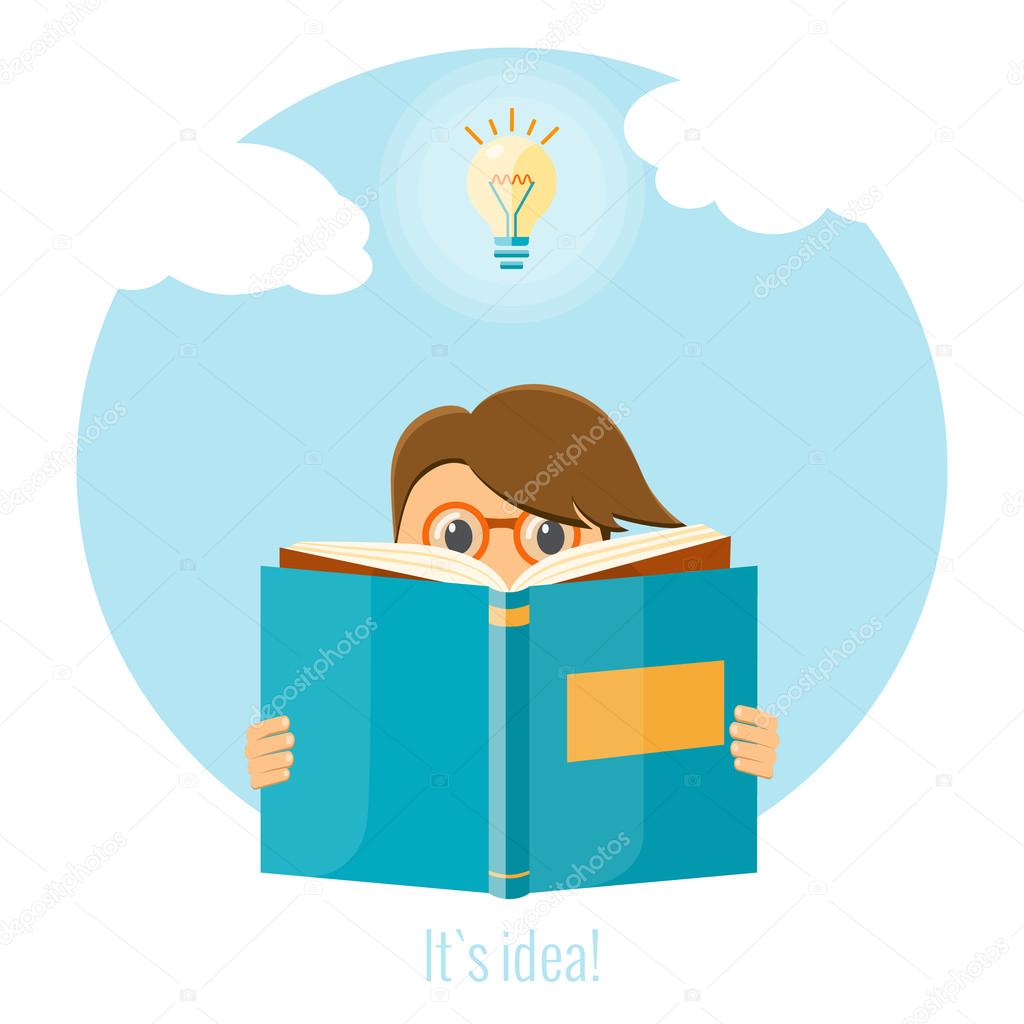 Man reading a book for creating a good idea. Business idea concept. Vector flat illustration.