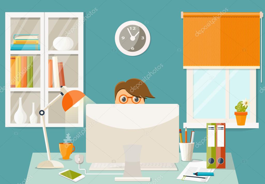 Vector flat illustration. Workplace concept. Modern home office interior