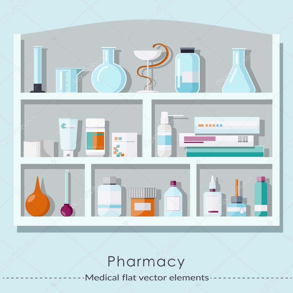 Pharmacy set in flat style. Healthcare and medical concept. Vector illustration