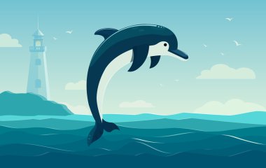 One jumping dolphin, blue sea background with waves and lighthouse. Vector Illustration
