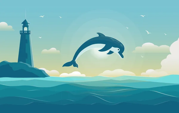 One jumping dolphin, blue sea background with waves and lighthouse. Vector Illustration — Stockvector