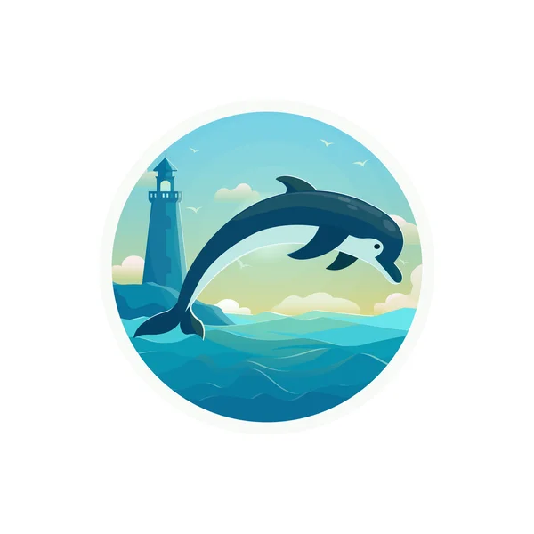 Un delfín saltando, fondo azul marino con olas. Vector Ilustración, banner, icono . — Vector de stock