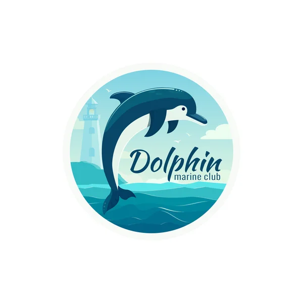 One jumping dolphin, blue sea background with waves . Vector Illustration, banner, icon. — Stockvector