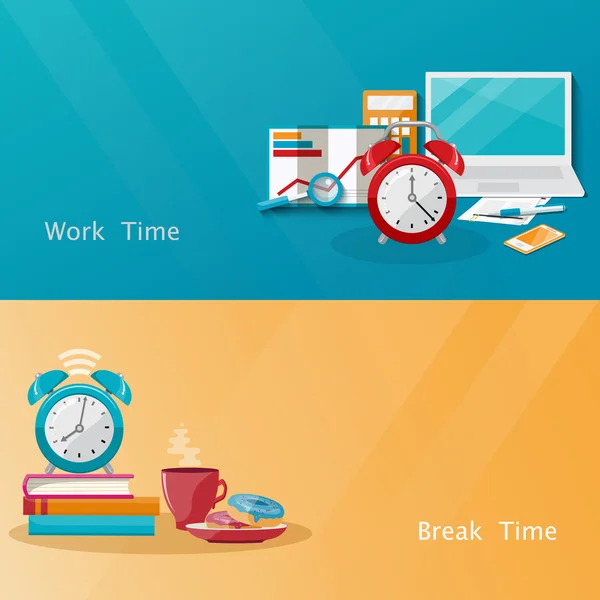 Planification du concept de gestion du temps, organisation, temps de travail, pause-temps. Illustration vectorielle plate . — Image vectorielle