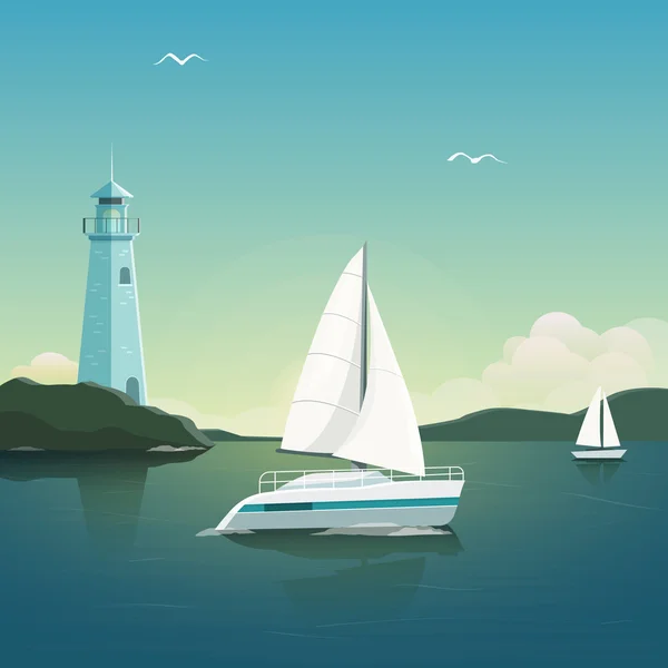 Blue sea with yachts and lighthouse. Sea voyage on the yacht. Yachting. Vector Illustration — Wektor stockowy