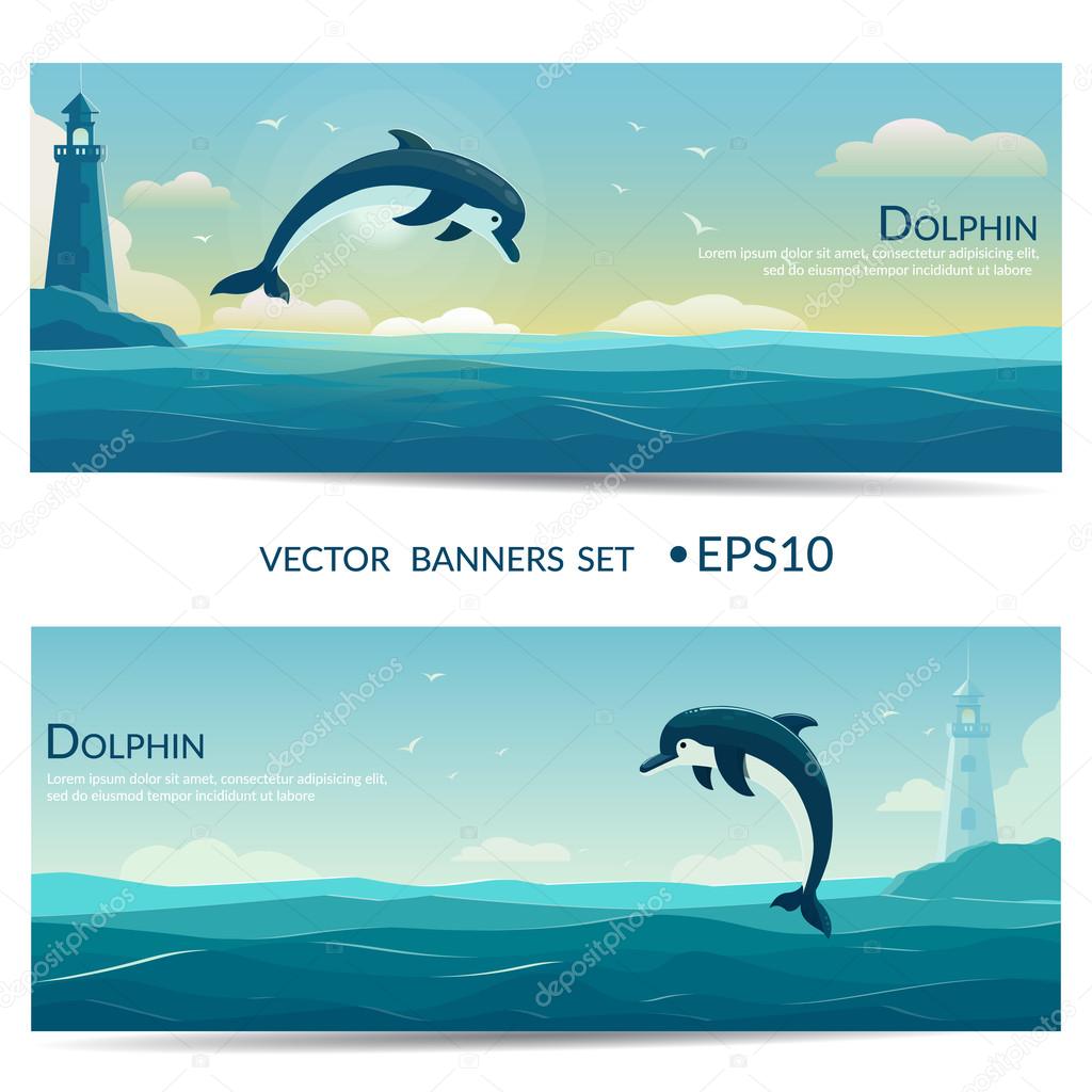 Jumping dolphin, blue sea background with waves and lighthouse. Vector banners
