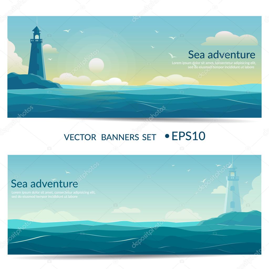 Vector banners. Blue sea background with waves and lighthouse.