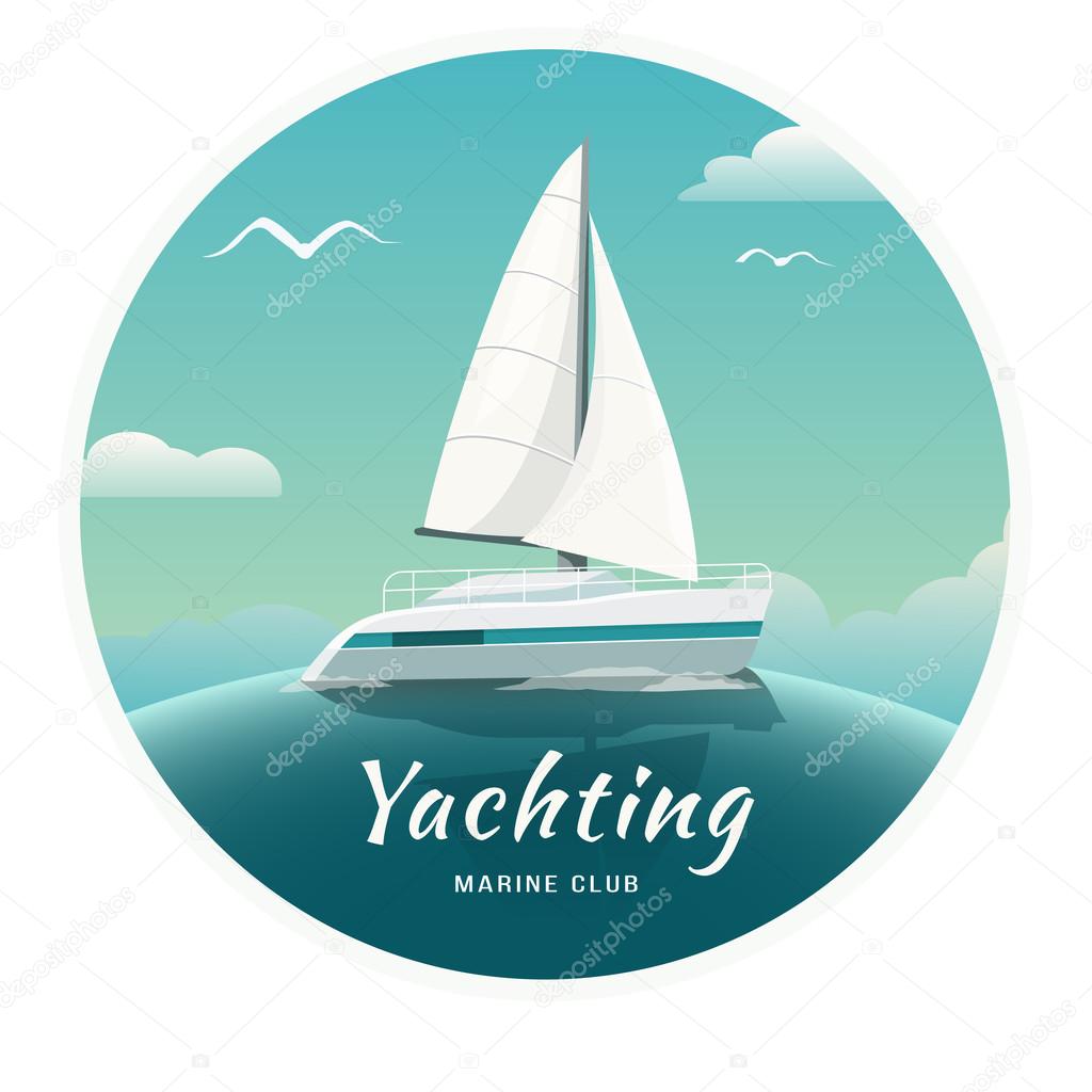 Mare blu con yacht e faro. Crociera in mare su uno yacht. Yachting. Yacht Club. Illustrazione vettoriale