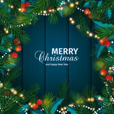 Çam dalları, ökse otu ile Noel ve yeni yıl kartı. Vektör çizim.