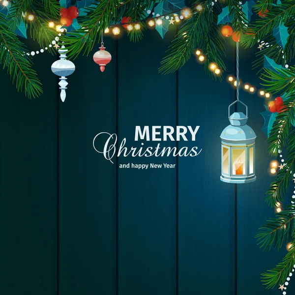 Biglietto natalizio con rami di abete, vischio e lanterna. Illustrazione vettoriale . — Vettoriale Stock