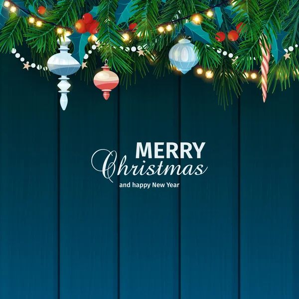 Biglietto di Natale e Capodanno con rami di abete, vischio. Illustrazione vettoriale . — Vettoriale Stock