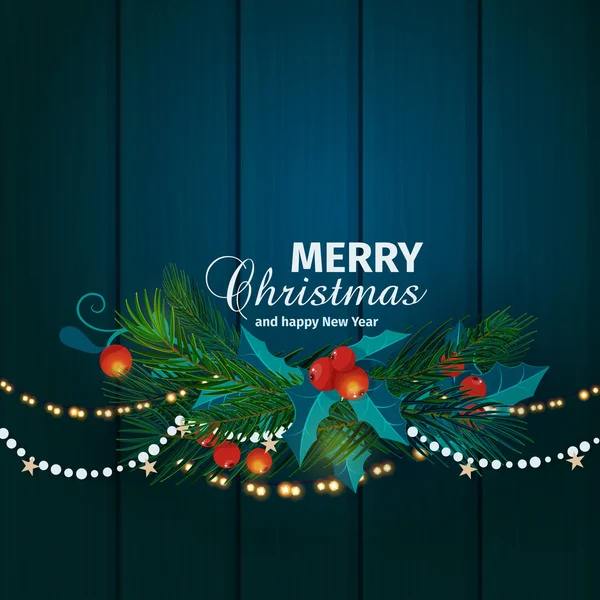 Biglietto di Natale e Capodanno con rami di abete, vischio. Illustrazione vettoriale . — Vettoriale Stock
