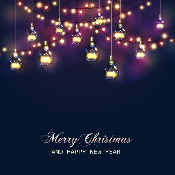 Biglietto natalizio con festose ghirlande e lampadine. Illustrazione vettoriale — Vettoriale Stock