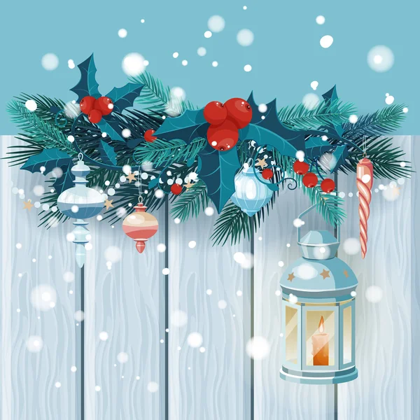 Рождественская открытка с елками, омелой и фонариком. Векторная иллюстрация . — стоковый вектор