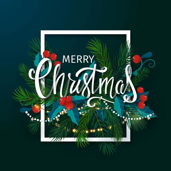 Carte de Noël et Nouvel An avec branches de sapin, gui, lettrage. Illustration vectorielle . Illustrations De Stock Libres De Droits