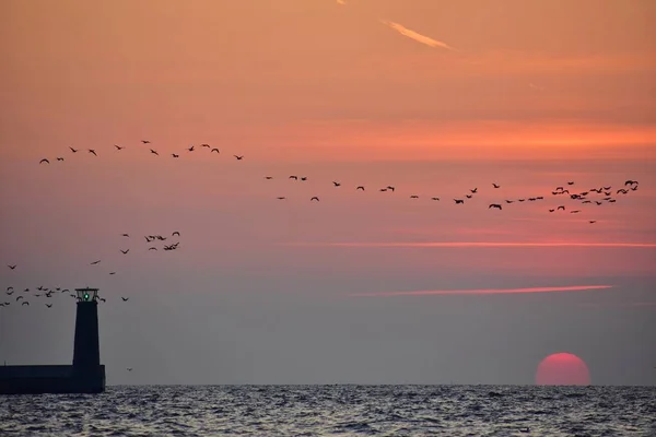 Coucher Soleil Coloré Sur Mer Avec Vagues Phare — Photo