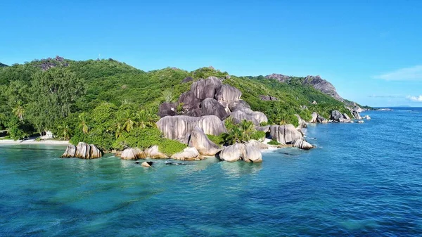 Hermosa Playa Rocosa Tropical Anse Fuente Dargent Digue Island Seychelles — Foto de Stock