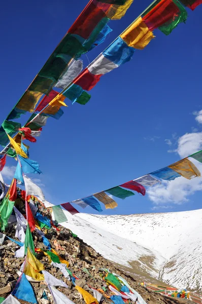 Vista tibetana con banderas de oraciones — Foto de Stock