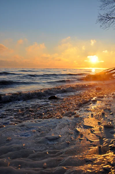 Nascer do sol sobre o mar Báltico em janeiro na Polônia e árvore caída congelada — Fotografia de Stock