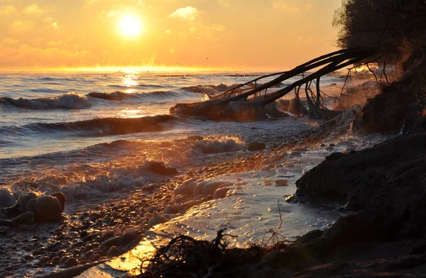 Salida del sol sobre el mar Báltico en enero en Polonia — Foto de Stock